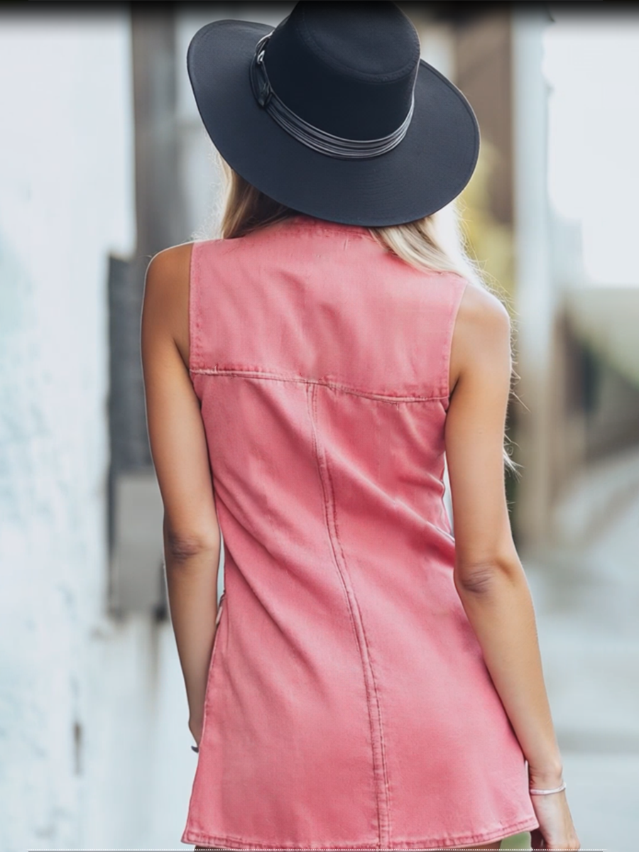 Robe Mini Sans Manches en Denim Rose avec Boutons - Expédition Rapide en 24 Heures!