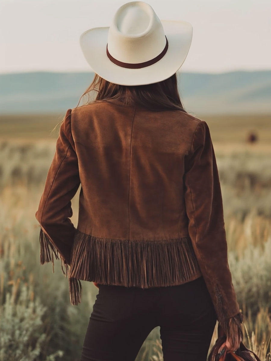 Veste en Suède Marron avec Franges - Élégance Western à Zip