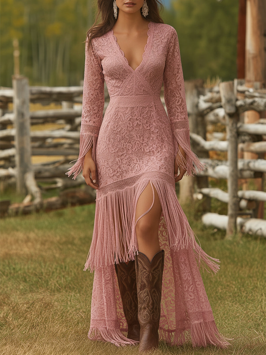 Robe Maxi Rétro en Dentelle Blanche à Manches Longues avec Décolleté en V et Franges - Jupe Courte Devant, Longue Derrière