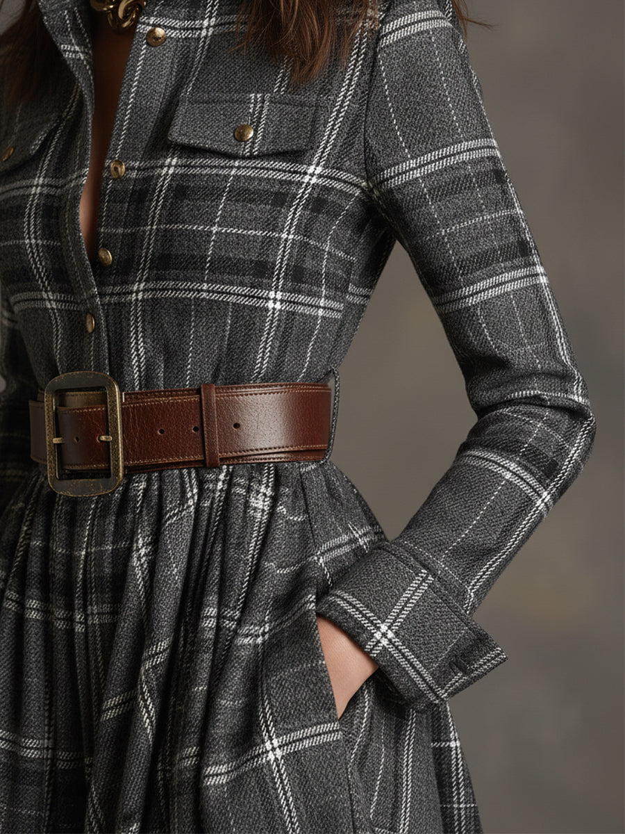 Robe Maxi Rétro à Carreaux Marron Rouge avec Col Ethnique