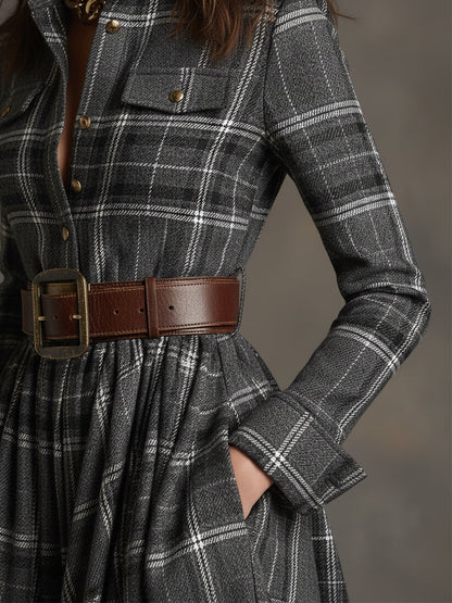 Robe Maxi Rétro à Carreaux Marron Rouge avec Col Ethnique