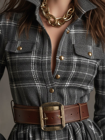 Robe Maxi Rétro à Carreaux Marron Rouge avec Col Ethnique