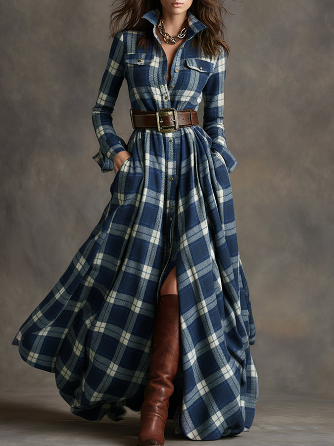 Robe Maxi Ethnique Rétro à Motifs Carreaux Marron et Rouge