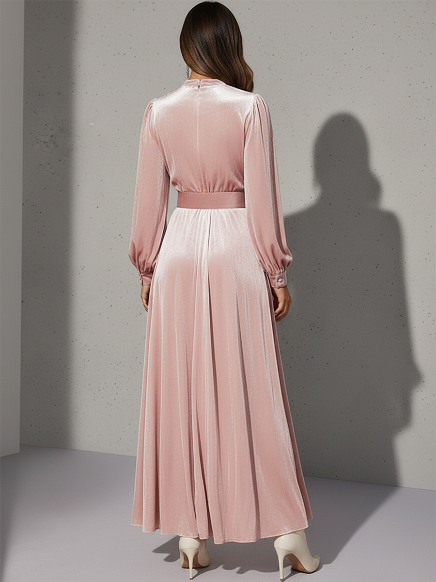 Robe Maxi en Velours Chic Rétro avec Col Rond et Manches Longues