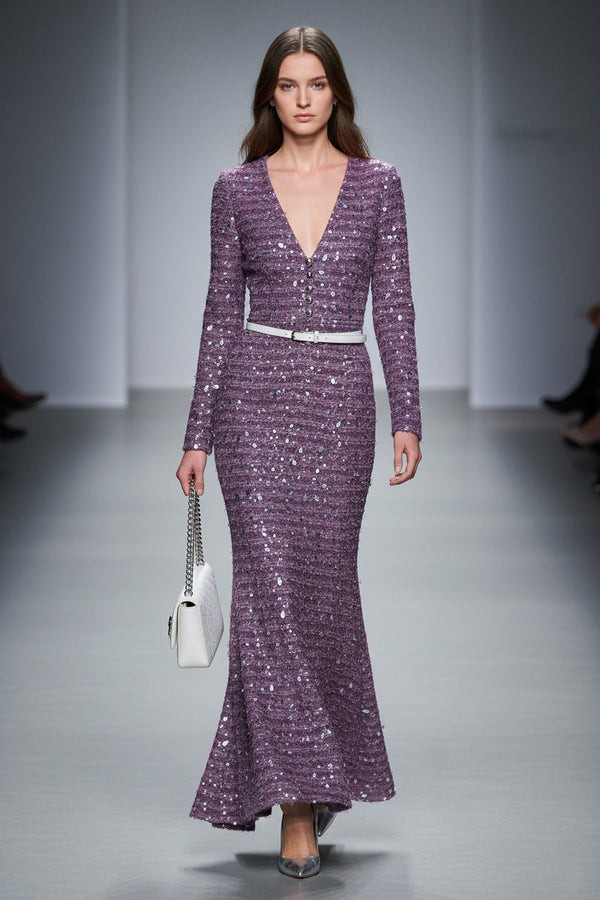 Maxi Robe Fishtail en Velours Violet Pailleté