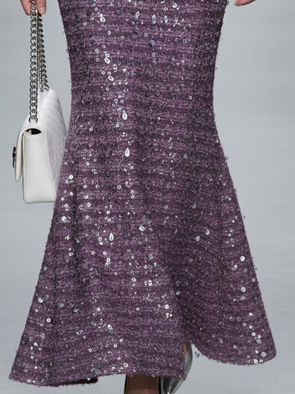 Robe Maxi Fishtail Violet en Tweed avec Sequins et Décolleté en V Élégant