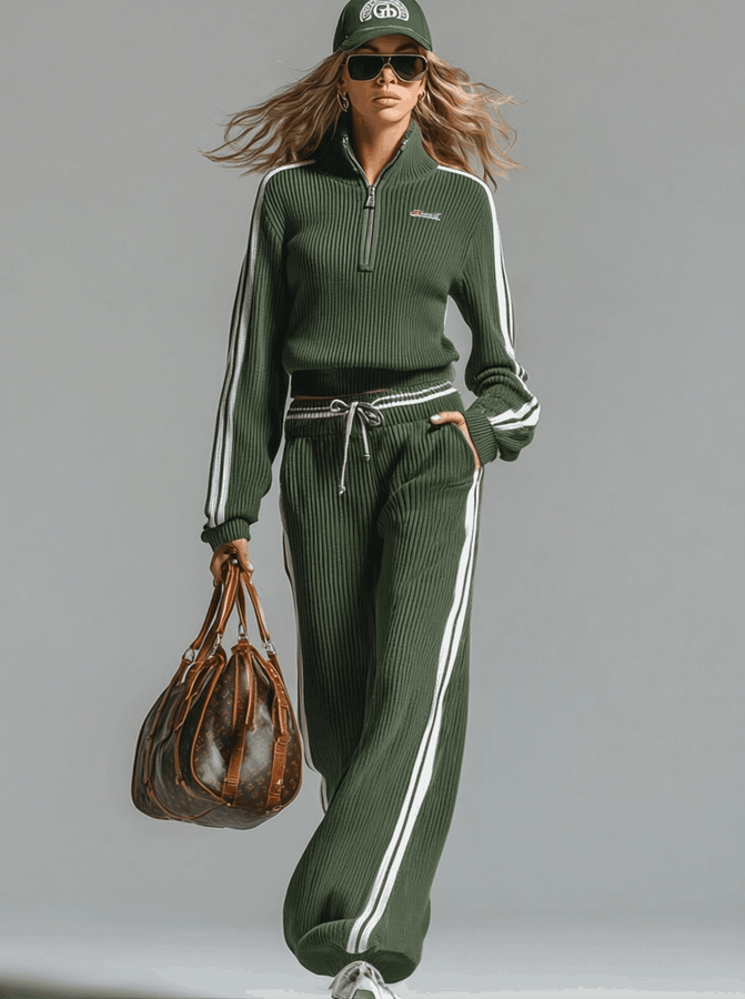 Ensemble Sportif en Tricot Vert avec Col Zippé et Pantalon Décontracté