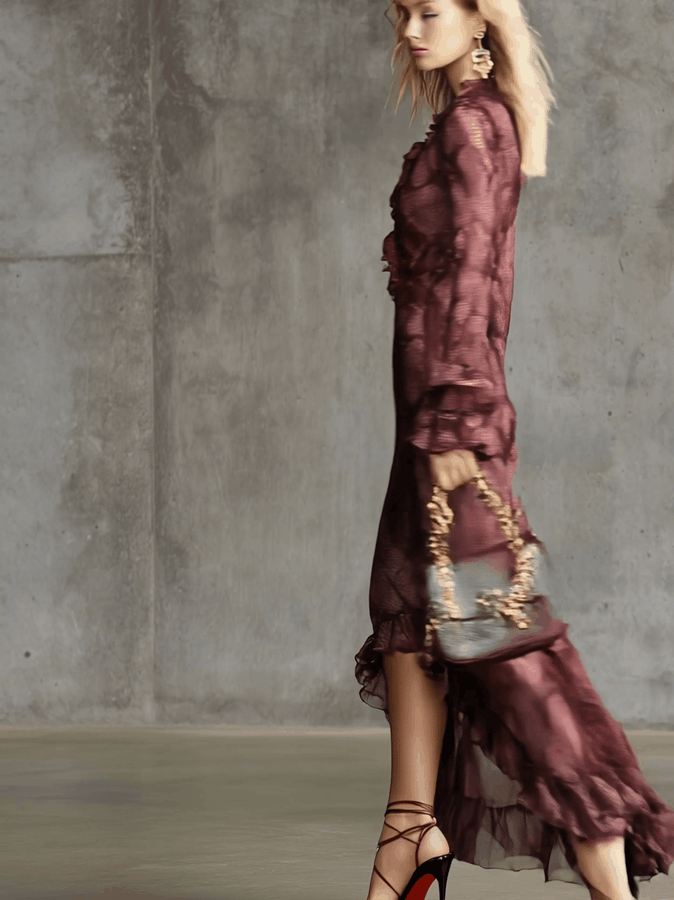 Élégante Robe Maxi Longue en Chiffon Éléphant avec Motif Serpent Bordeaux
