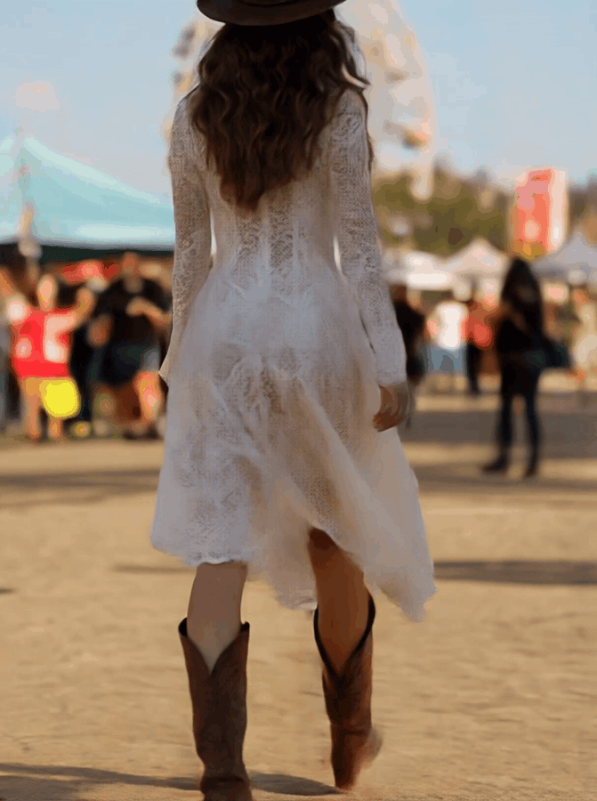 Robe Midi Chic Rétro en Dentelle Blanche à Manches Longues avec Fente Élégante