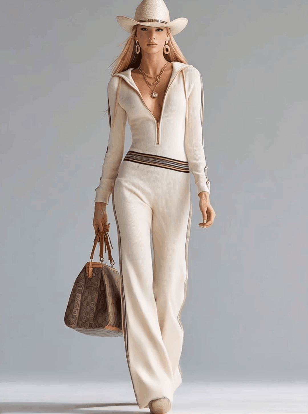 Veste Sportive à Capuche en Tricot avec Col V et Fermeture Éclair - Blanc Cassé