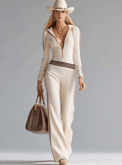 Veste Sportive à Capuche en Tricot avec Col V et Fermeture Éclair - Blanc Cassé