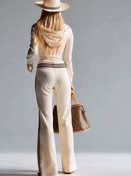 Veste Sportive à Capuche en Tricot avec Col V et Fermeture Éclair - Blanc Cassé