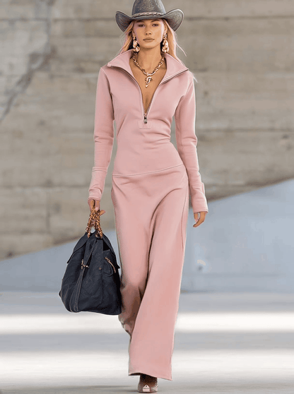 Robe Maxi Élégante Rose Rétro Sportive à Col V avec Fermeture Éclair et Manches Longues
