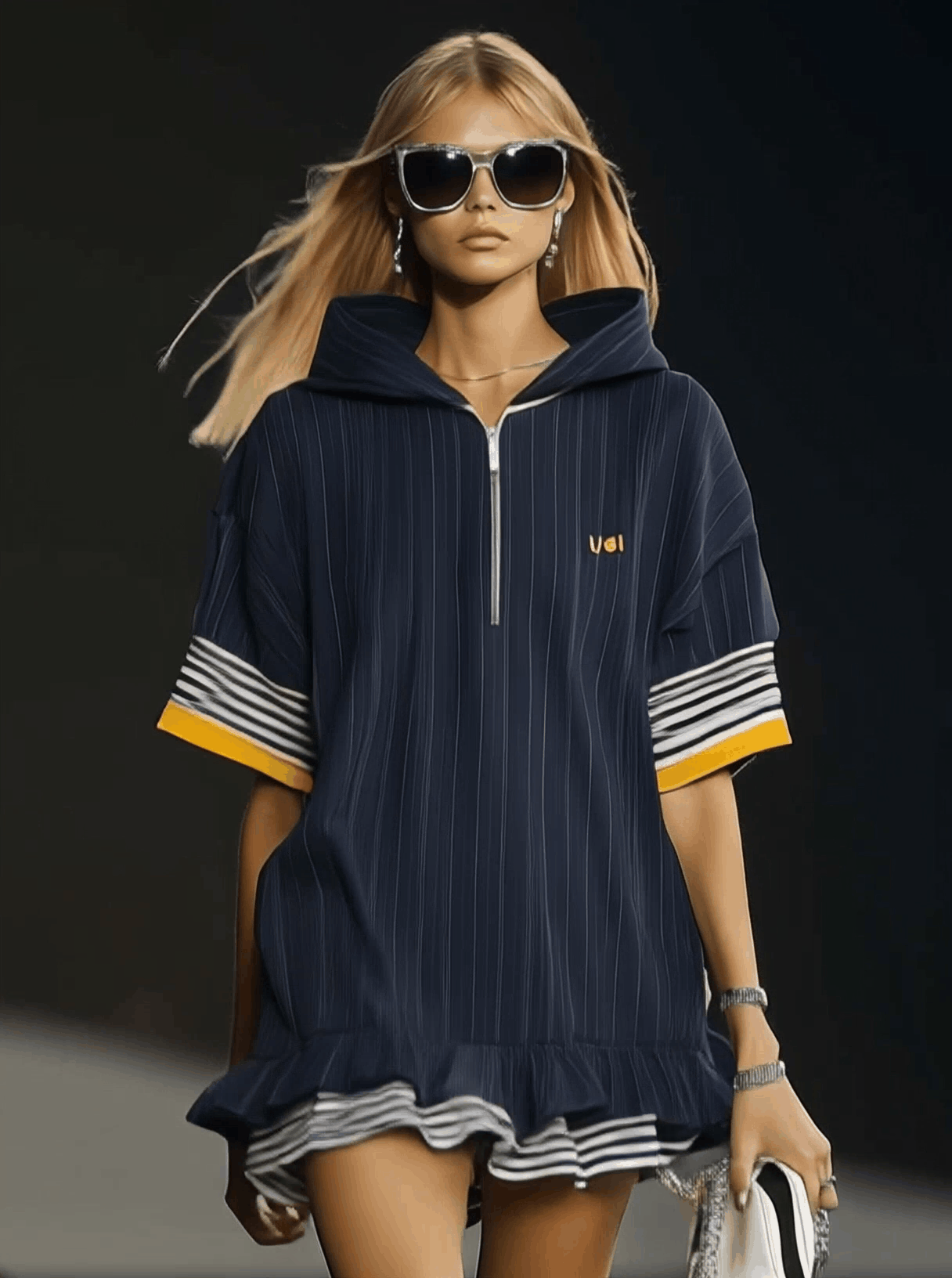 Robe Mini Hoodie Ultra-Large en Bleu Marine avec Fermeture Éclair et Ourlet Volanté - Expédition Rapide en 24 Heures