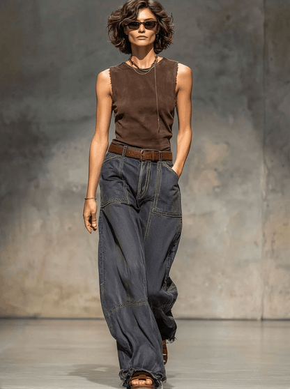 Expédition rapide : Jeans larges en denim vintage gris foncé avec bords bruts