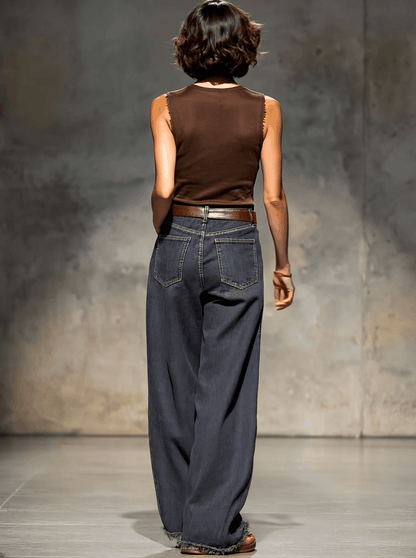 Expédition rapide : Jeans larges en denim vintage gris foncé avec bords bruts