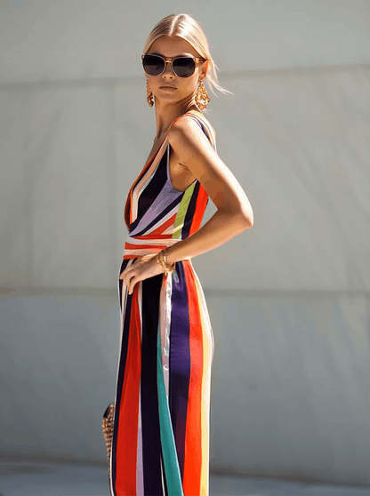 Robe Maxi Chiffon à Rayures Arc-en-Ciel avec Décolleté en V - Expédition Rapide en 24 Heures