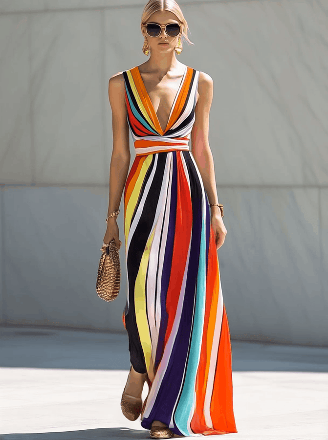 Robe Maxi Chiffon Arc-en-Ciel à Rayures - Décolleté en V Élégant, Expédition en 24 Heures!