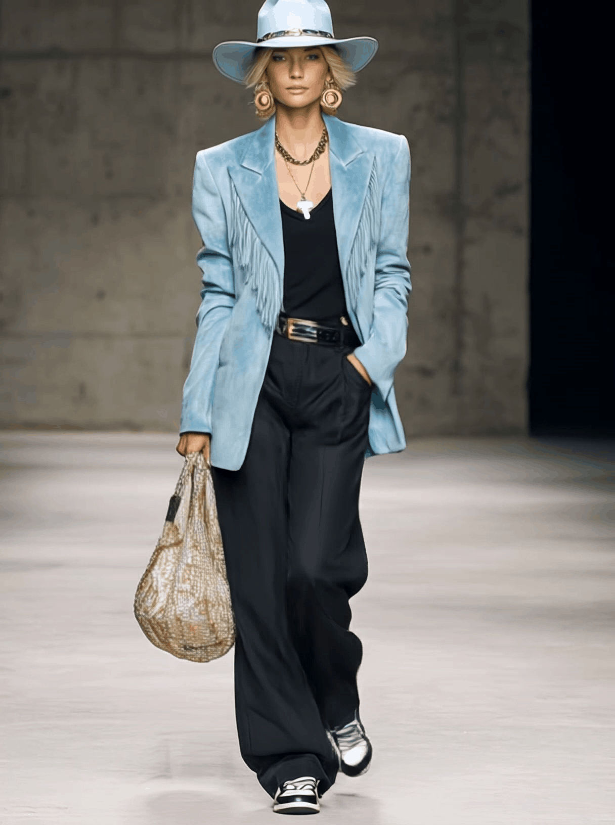 Veste en Suède Bleu Clair avec Col Pointe Vintage Western et Franges Élégantes