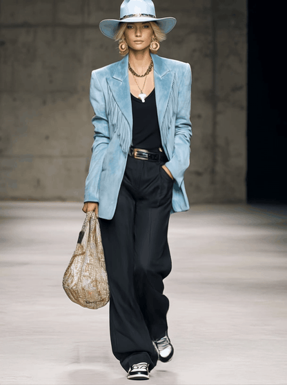 Veste en Suède Bleu Clair avec Col Pointe Vintage Western et Franges Élégantes