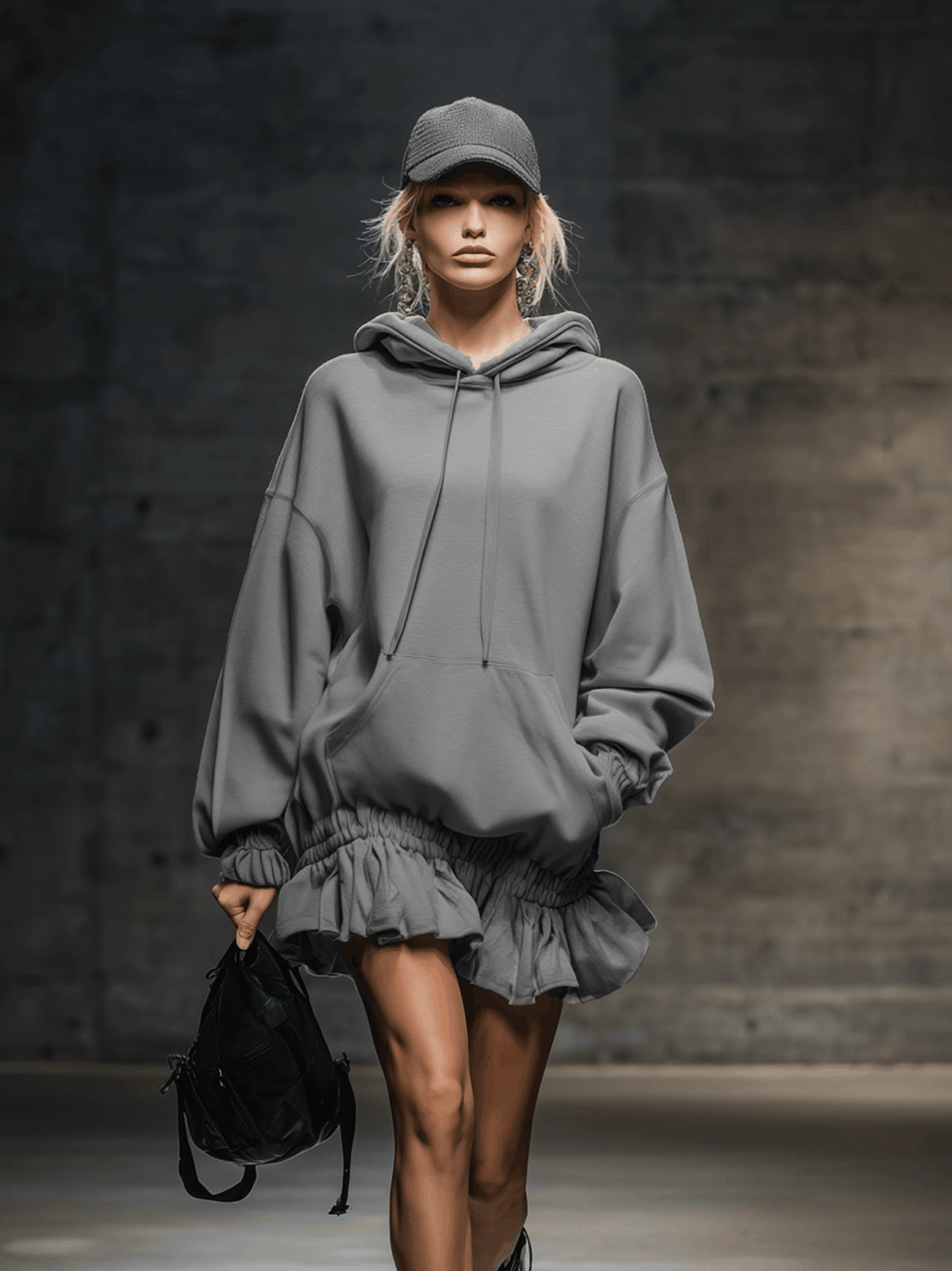 Robe Mini Sweat Grise à Capuche avec Ourlet Élastique - Élégance Décontractée et Tendance