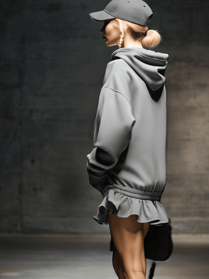 Robe Mini Sweat Grise à Capuche avec Ourlet Élastique - Élégance Décontractée et Tendance