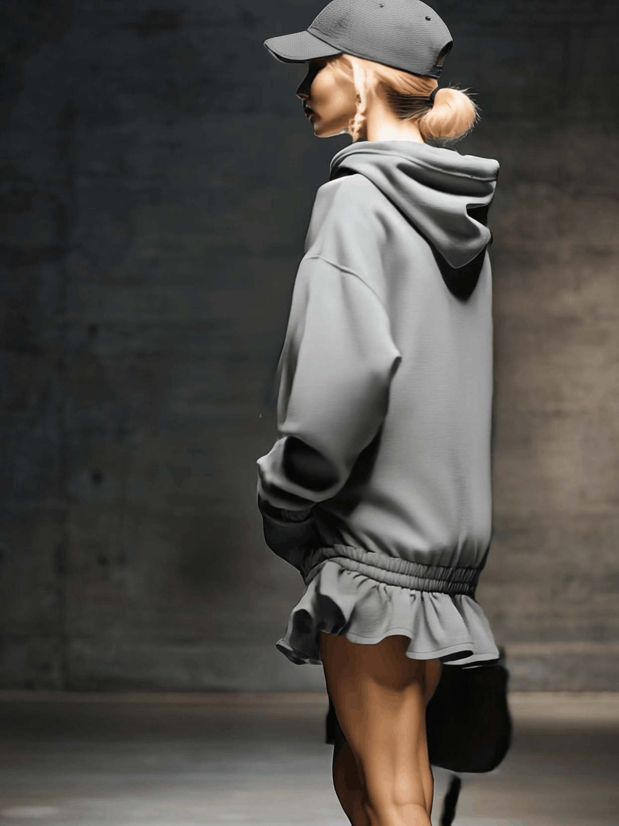 Robe Mini Sweat Grise à Capuche avec Ourlet Élastique - Style Décontracté et Tendance