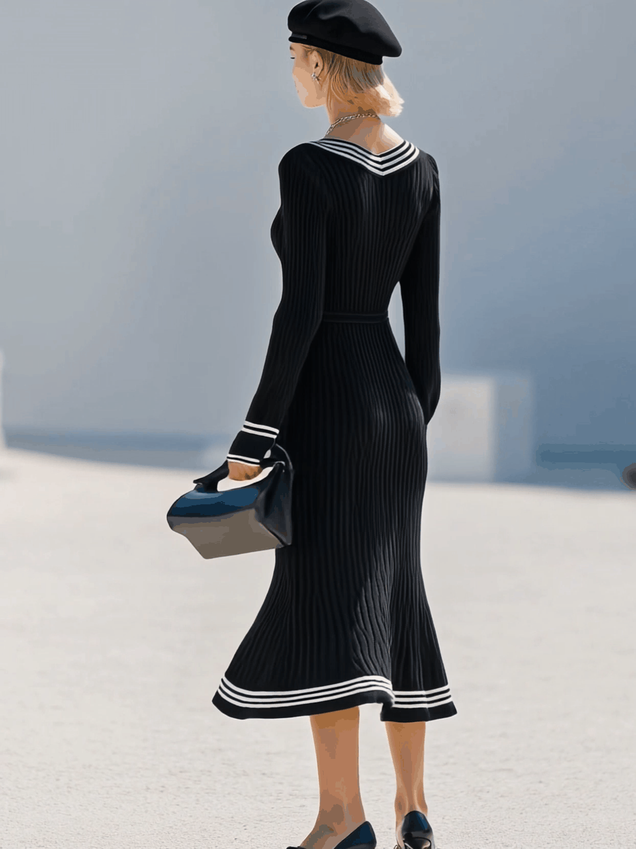 Robe Midi Noir Côtelé à Manches Longues avec Ourlet en Queue de Poisson et Détails Rétro Blancs