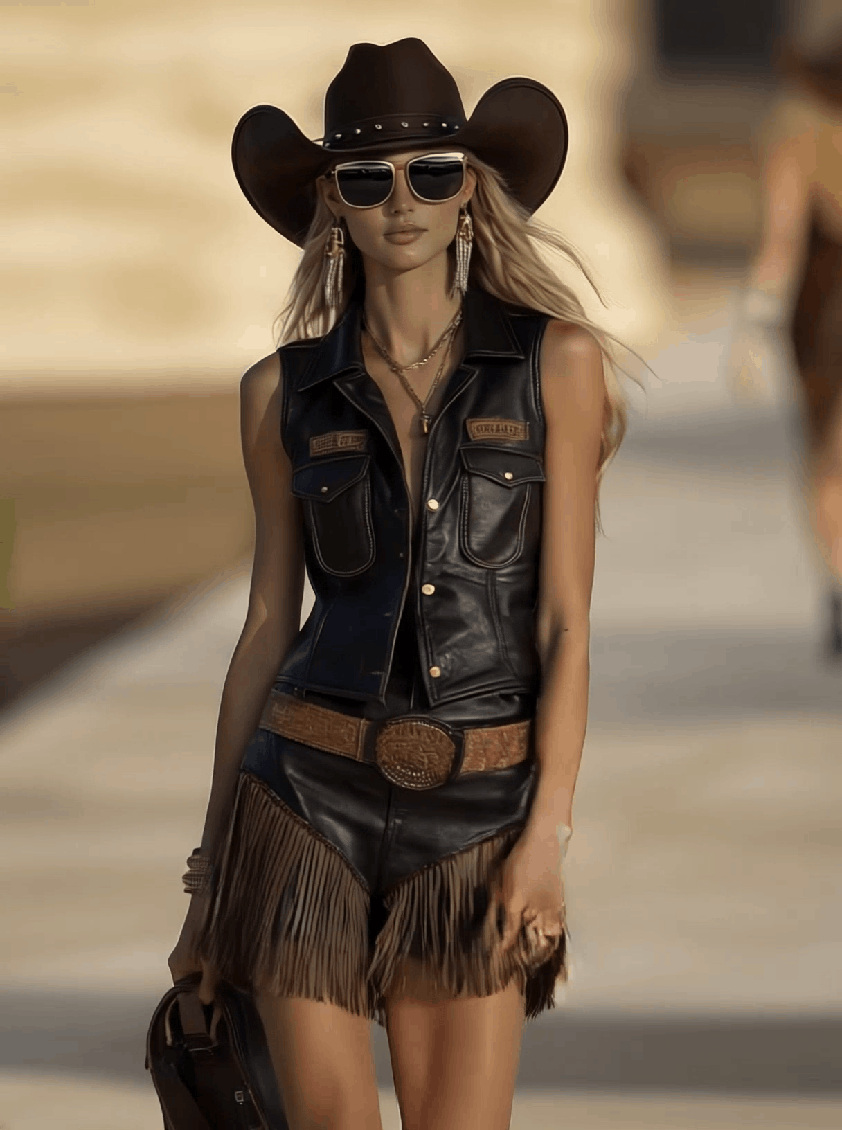 Ensemble Chic en Cuir Vieilli Marron Foncé : Gilet à Col en V et Shorts à Franges