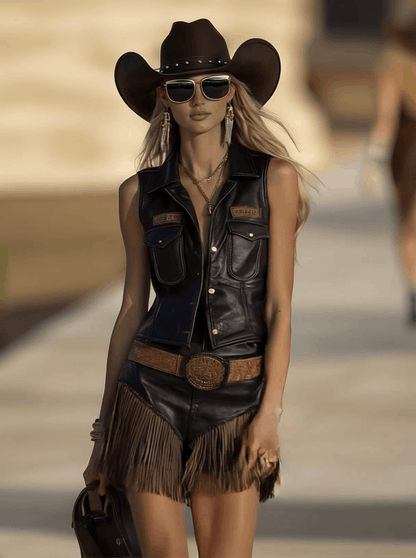 Ensemble Chic en Cuir Vieilli Marron Foncé : Gilet à Col en V et Shorts à Franges