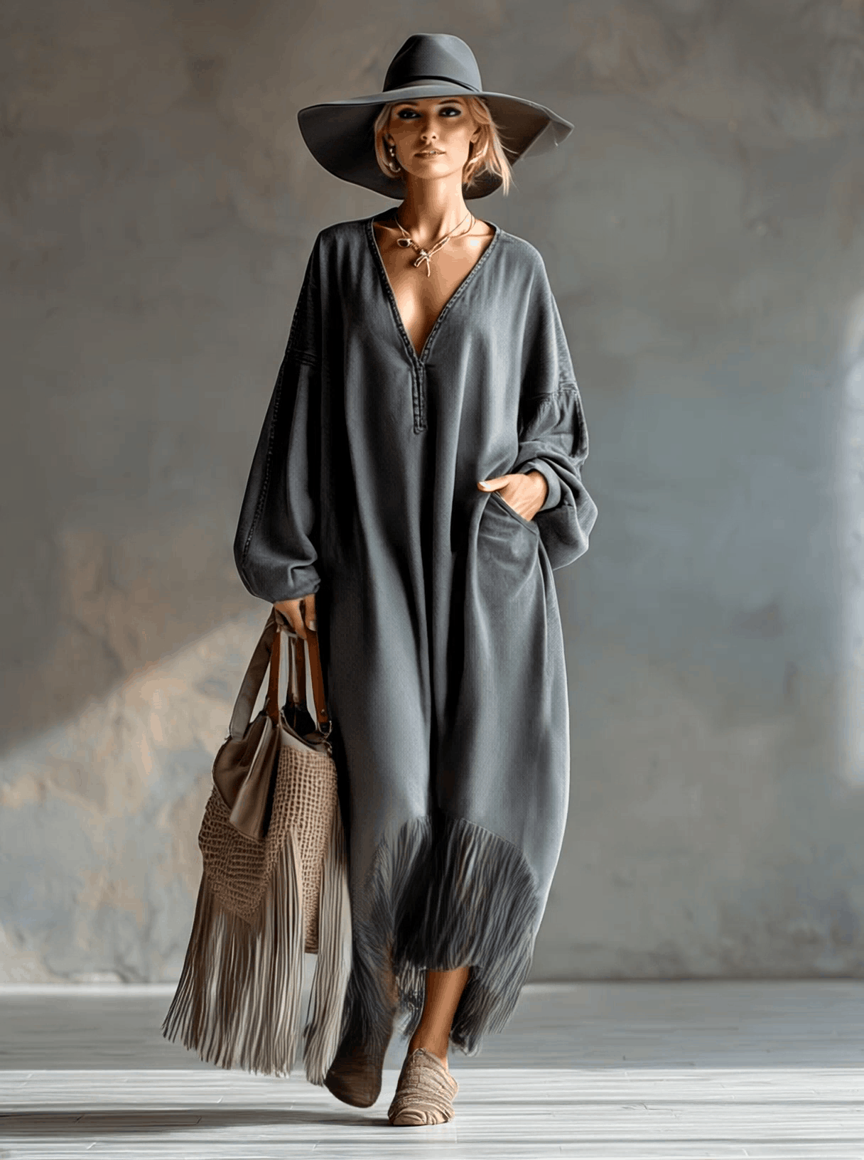 Élégante Robe Maxi Longue en Denim Gris à Manches Longues et Franges