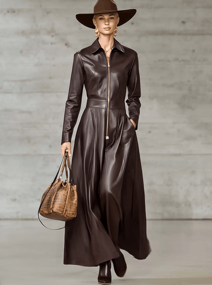 Robe Maxi en Cuir Marron Premium avec Fermeture Éclair Frontale et Manches Longues