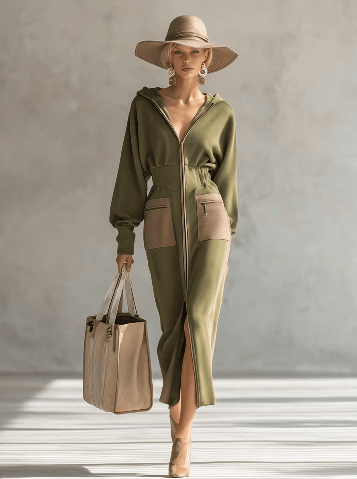 Robe Maxi Élégante à Manches Longues et Capuche - Vert Olive, Silhouette Ajustée