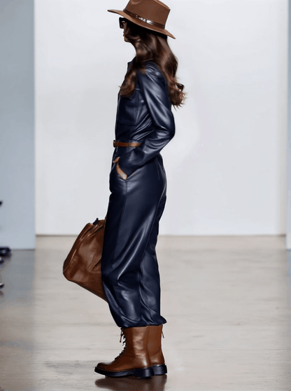 Combinaison Rétro en Similicuir Bleu Foncé à Manches Longues avec Détails à Lacets et Pantalon Large