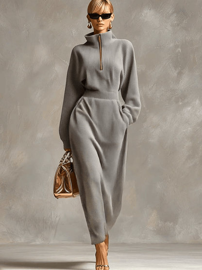 Robe Maxi Waffle Grise Clair à Zip Avant, Col Relevé et Manches Longues