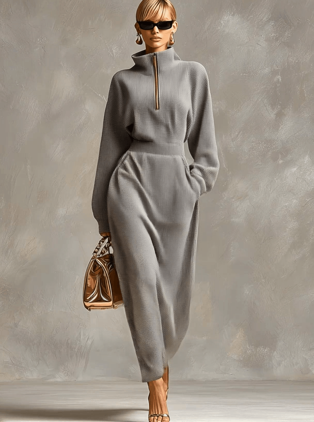 Robe Maxi Waffle Gris Clair : Élégance à Col Revers et Manches Longues avec Fermeture Éclair