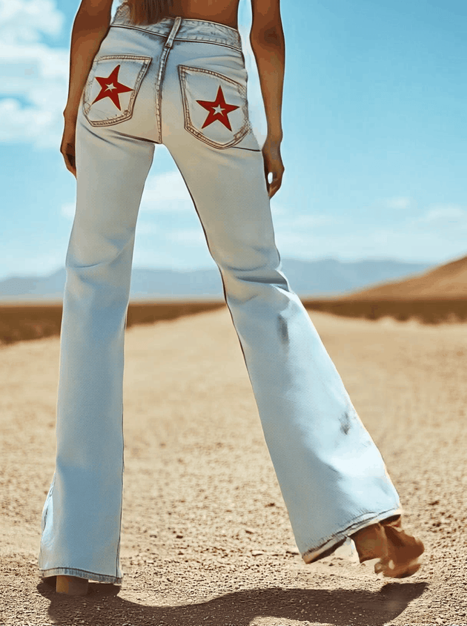 Expédition Rapide en 24h : Pantalons en Denim Évasés avec Broderie d'Étoile au Dos