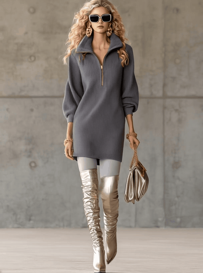 Robe Mini Grise Waffle à Zip Avant et Col Revers à Manches 3/4