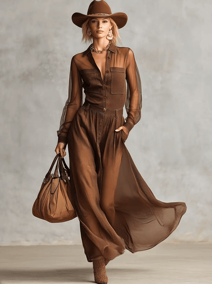 Robe Maxi Vintage Western en Coton Marron à Manches Longues et Décolleté en V avec Boutons