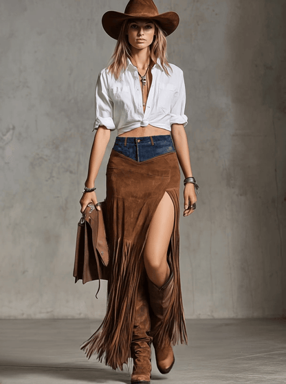 Jupe Longue Asymétrique en Daim Marron avec Patchwork et Franges – Éclat Vintage Western