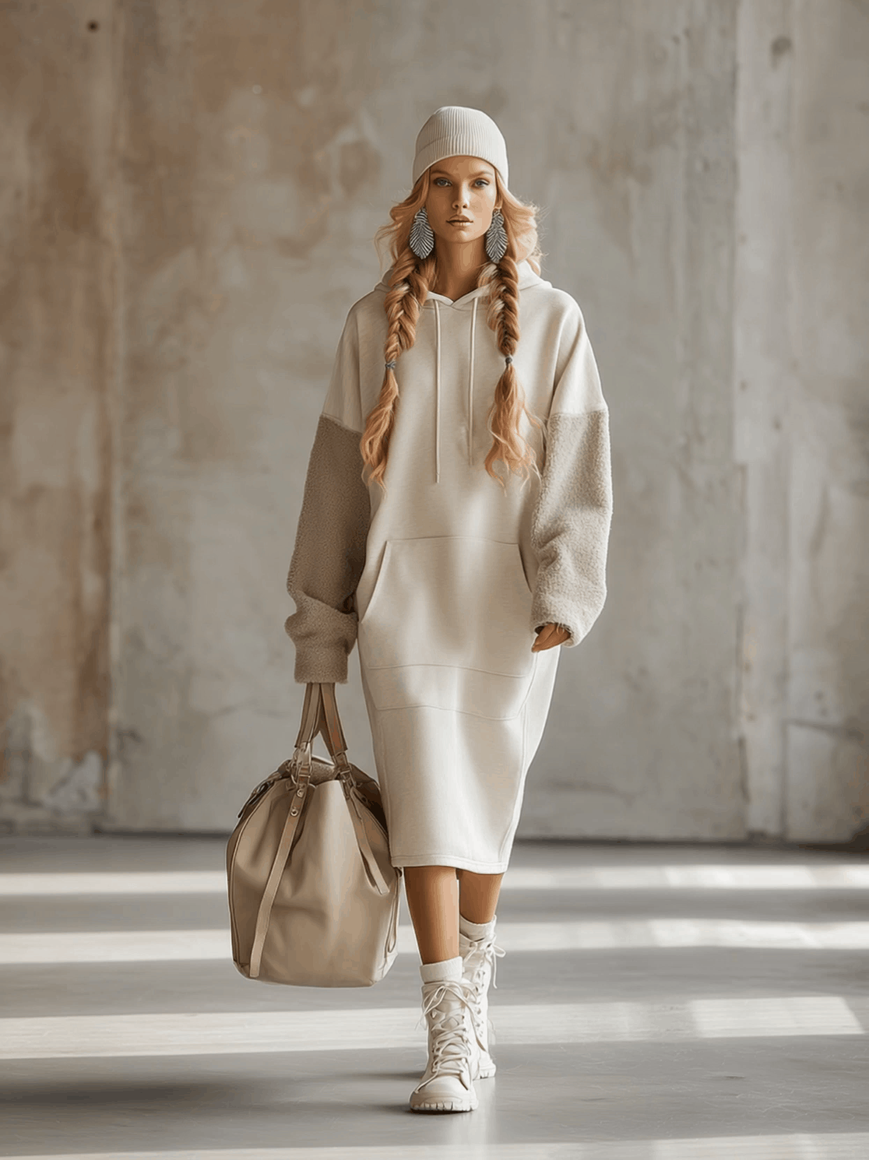 Chic et Confort : Robe Midi Sweat à Capuche en Polaire Beige Oversize