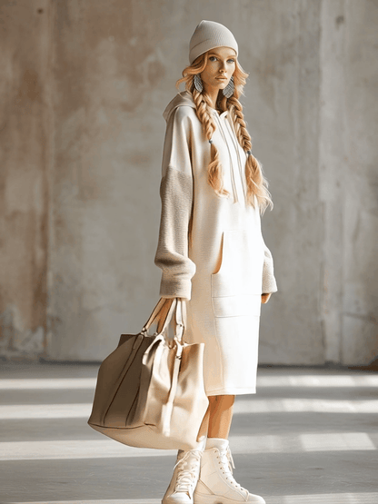 Chic et Confort : Robe Midi en Polaire Beige à Capuche et Manches Amples