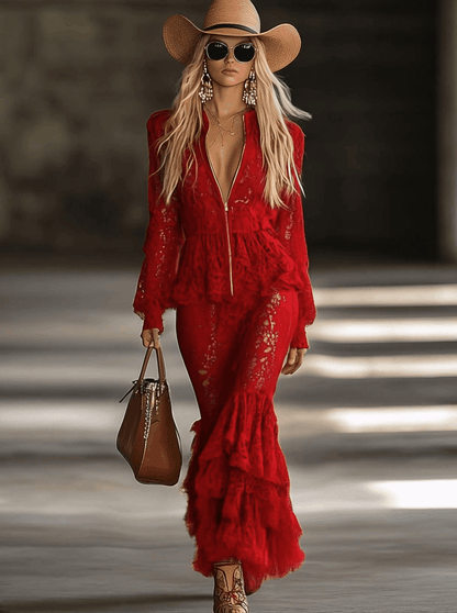 Robe Maxi Rouge en Dentelle avec Manches Longues, Zip, Col V et Détails Volants
