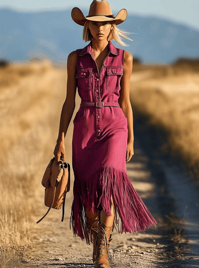 Robe Midi Décontractée en Denim Fuchsia : Sans Manches, Franges et Lacets - Expédition Rapide en 24 Heures !
