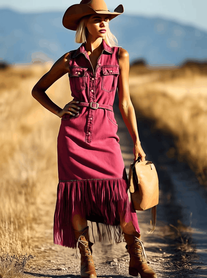 Robe Midi Décontractée en Denim Fuchsia : Sans Manches, Franges et Lacets - Expédition Rapide en 24 Heures !