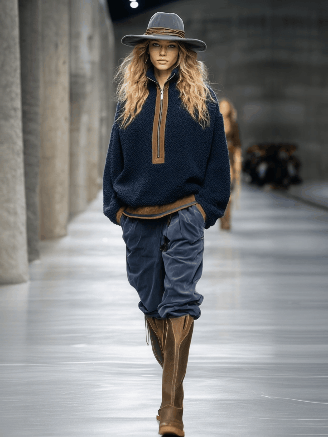 Pull Fleece Teddy Bleu avec Détails Marron Rétro et Chic