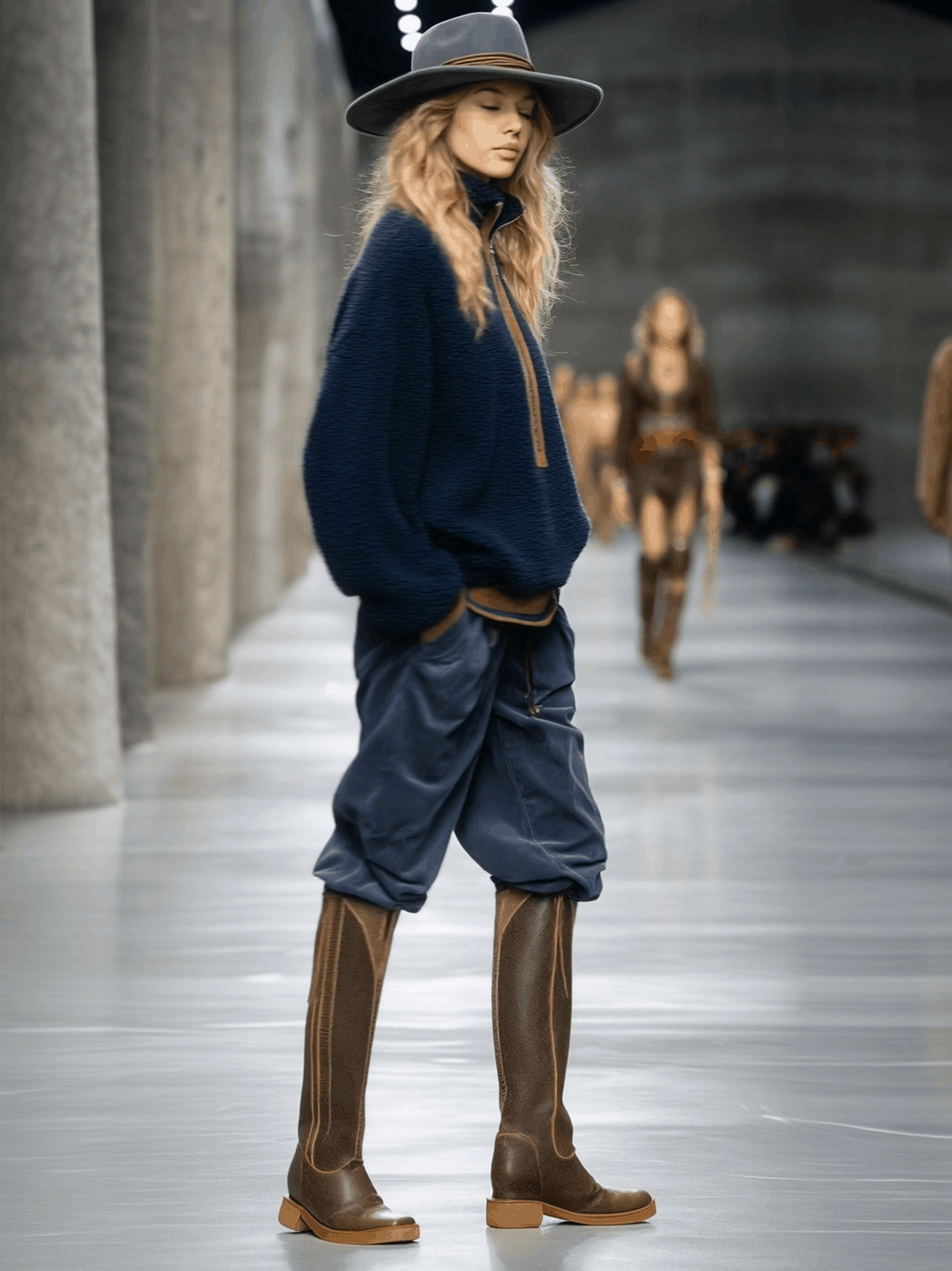 Pull Fleece Teddy Bleu avec Détails Marron Rétro et Chic