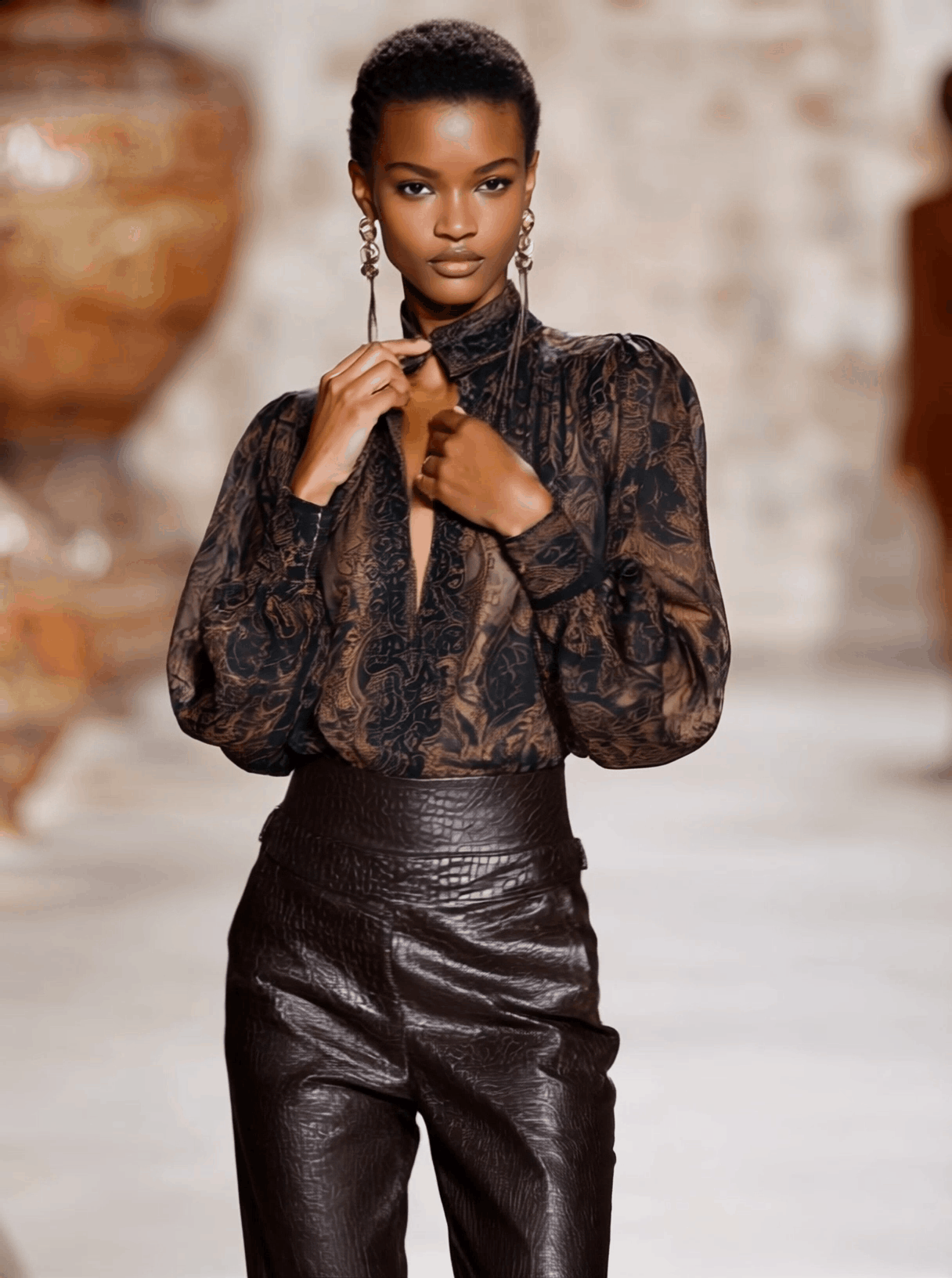 Chemise V en Chocolat Mocha - Imprimé Longue Manche Premium