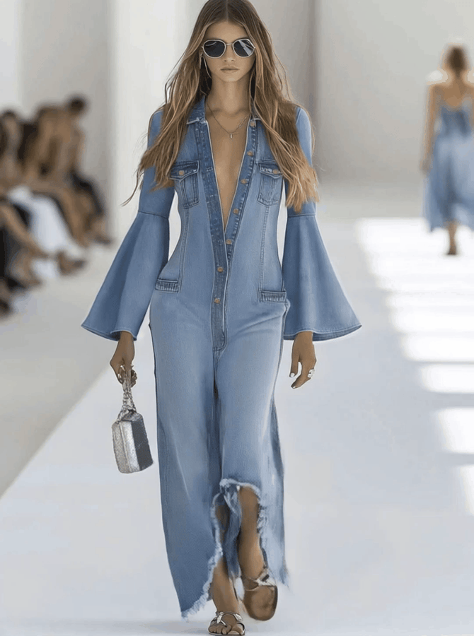 Salopette Vintage en Denim Bleu Clair à Jambes Évasées et Manches Longues Effilées