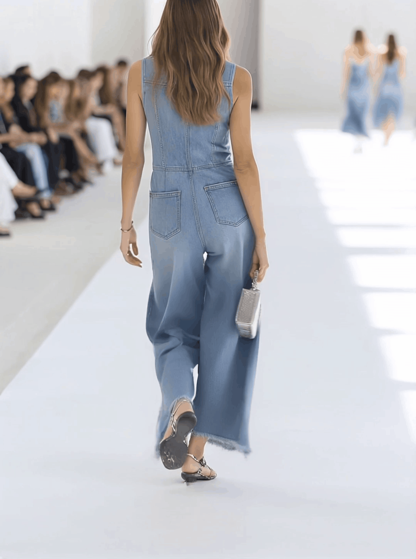 【Expédition en 24 heures】Salopette sans manches en denim bleu clair au style rétro, avec bords bruts et jambes larges zippées